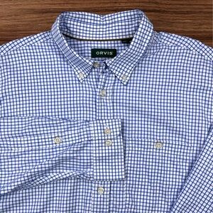Orvis Men’s White & Blue Check Pattern Long Sleeve Dress Shirt. XL